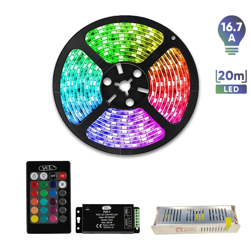 Ycl 20m RGB Şerit Led 16.7A Adaptör 252W RGB Kumanda